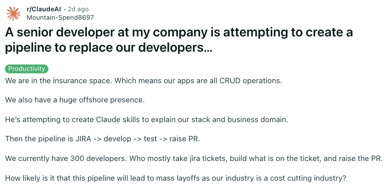 Reddit post about replacing dev pipelines with AI